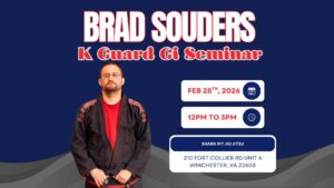 Promotional image for Brad Souders’ K-Guard gi technique seminar at Shark Pit Jiu Jitsu in Winchester, Virginia.
