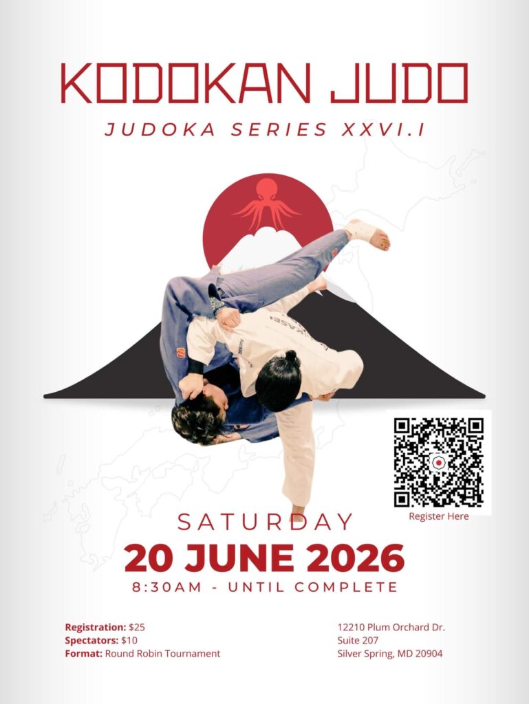 Event flyer showing Mount Fuji with a red sun and two judokas, promoting the Kodokan Judo Shiai XXVI.I.