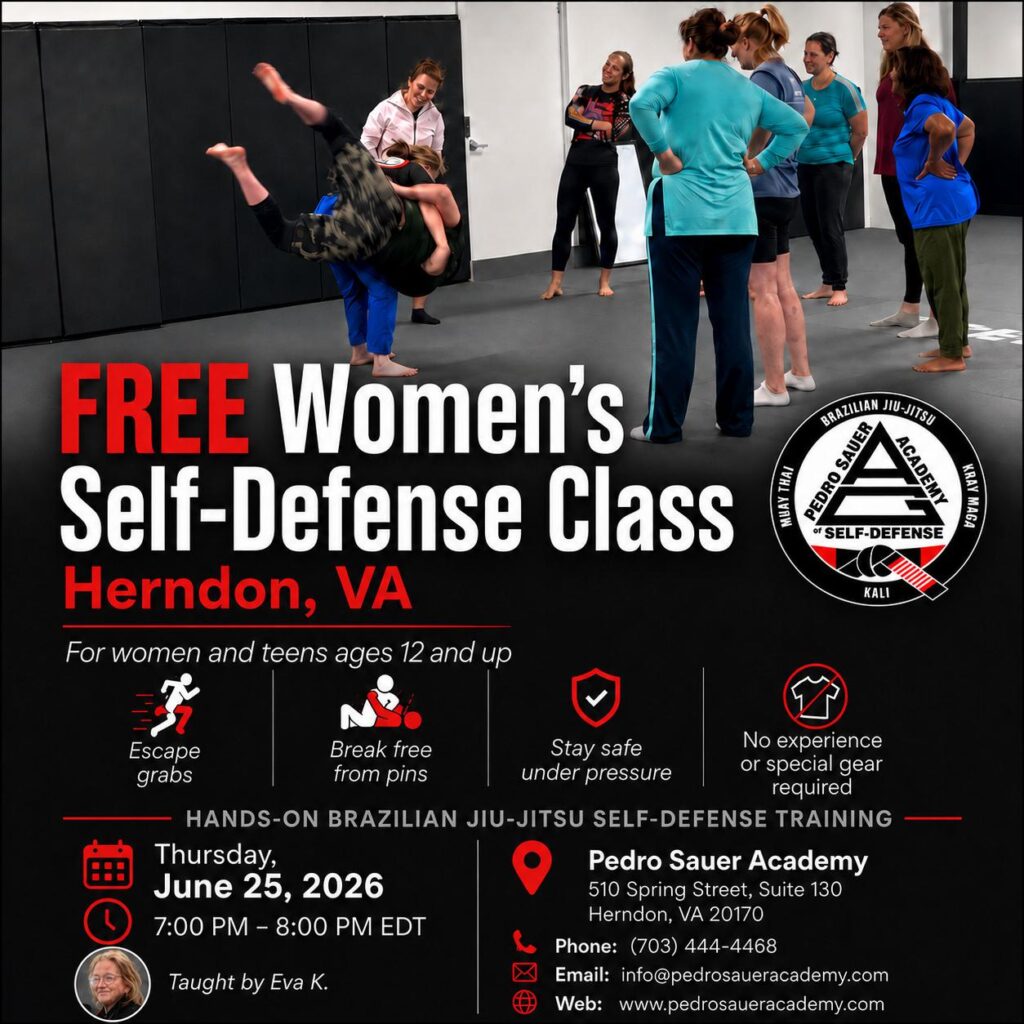 Free Women's Self-Defense Class instructor and students training at Pedro Sauer Academy of Self-Defense in Herndon, VA.