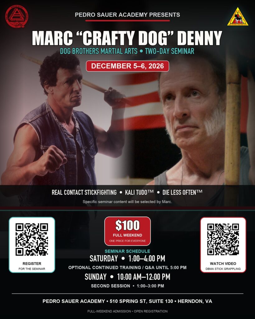 Flyer for Marc 'Crafty Dog' Denny's Kali and Filipino Martial Arts seminar in Herndon, VA, December 5th and 6th, 2026, showing Denny with a rattan stick and staff.
